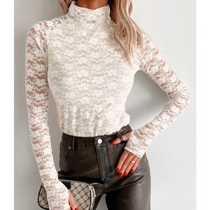 Cream Lace long sleeve mock neck Top